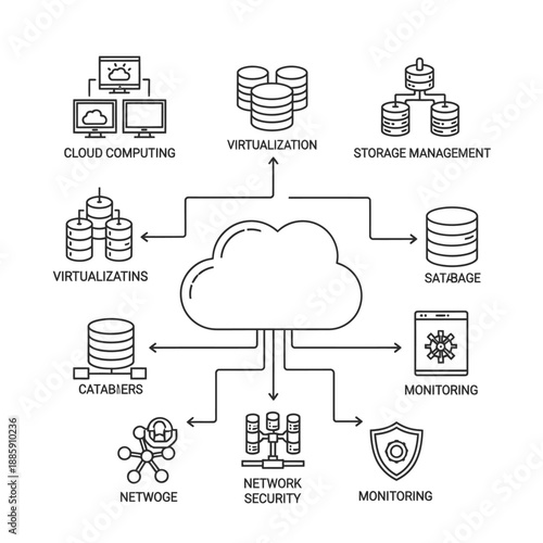 Line art diagram illustrating various cloud computing services and related IT infrastructure components connected to a central cloud icon.