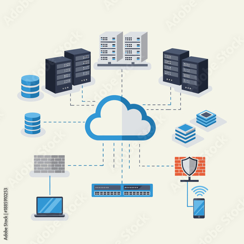 Flat design illustration of a cloud computing network infrastructure with servers, databases, and various connected devices.