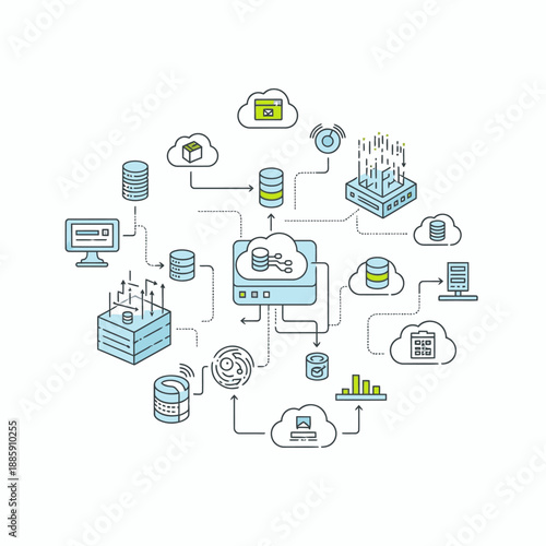 Complex network illustration of cloud computing infrastructure, data storage, and server connections.