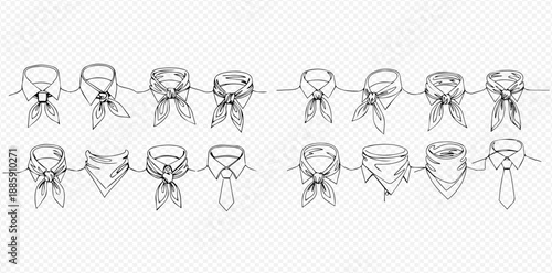 Continuous line drawing of different scarf and tie knots on a transparent background, fashion accessory vector illustration.