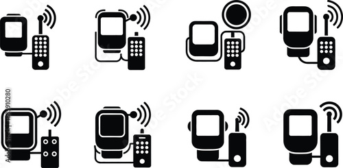 Collection of digital communication icons featuring smart watches, mobile radio devices, wireless signal transmitters, and handheld transceiver symbols.
