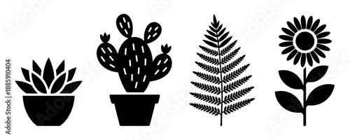 Black silhouette plants and leaves for botanical illustration