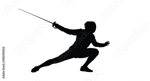 Silhouette of a fencer in action poised with sword and dynamic posture