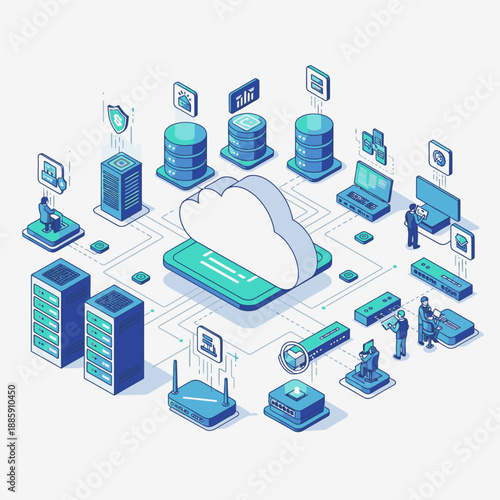 Isometric illustration of cloud computing infrastructure, data centers, servers, and network technology with IT professionals managing digital systems.