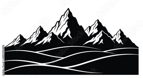 A striking black and white illustration of majestic mountain peaks and rolling hills