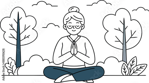 Woman meditating in a serene outdoor setting with trees and clouds