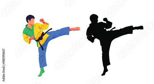 Karate practitioner demonstrating a powerful kick with a shadowed silhouette image