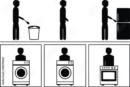 Simple household waste sorting and appliance use illustration