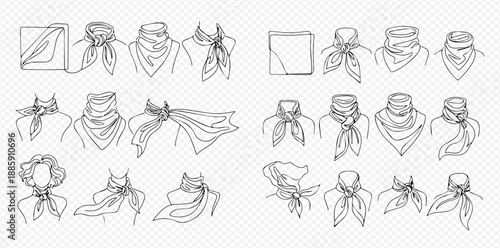 Set of hand-drawn scarf knot styles and ways to tie a handkerchief around the neck, fashion accessory illustration.