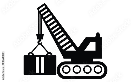 Silhouette crawler crane lifting heavy cargo load at construction site isolated on white background