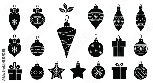 Black and white festive ornaments gifts and stars on a white background