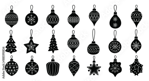 A collection of black and white christmas ornaments in various designs