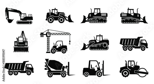 Collection of black silhouette icons depicting various heavy construction machinery