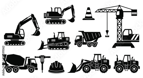 Black and white silhouettes of various construction vehicles and equipment