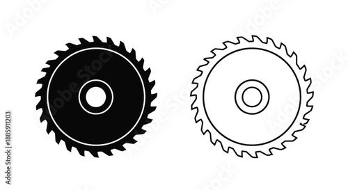 Two circular saw blades one filled and one outline isolated on white