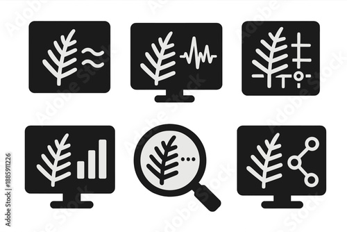 Prehistoric Flora Monitoring Icons. Solid style icons of prehistoric flora monitoring: frond outlines, wave patterns, frequency