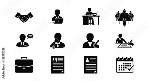 Business icons set depicting collaboration meetings contracts and professional roles