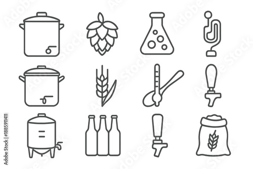 Home Brewing Icons. Line style icons of Home Brewing: Mash Tun, Hops, Yeast Culture, Fermentation Lock; Brewing Kettle, Barley,