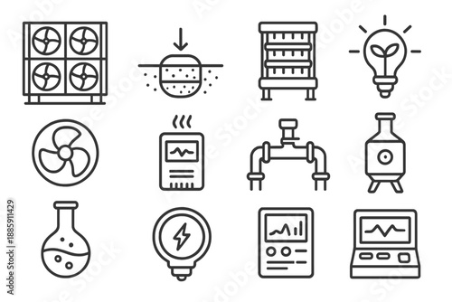 Environmental Solution Icons. Line style icons of Environmental Solution: Direct Air Capture, CO₂ Storage, Filter Module, Climate