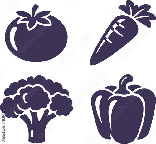 Vector art of collection of vegetable icons including tomato, carrot, broccoli, and pepper in blue color