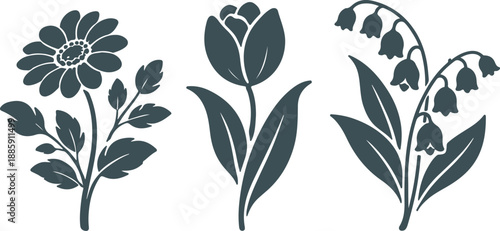 Vector art of three dark green floral silhouettes on isolated with flower and leaves