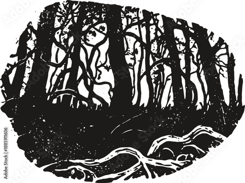 Silhouette of dense forest with twisted branches and exposed roots in dark oval shape