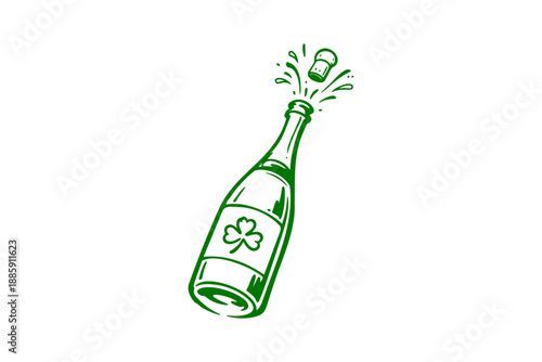 Popping champagne bottle with shamrock label vector illustration isolated on transparent background