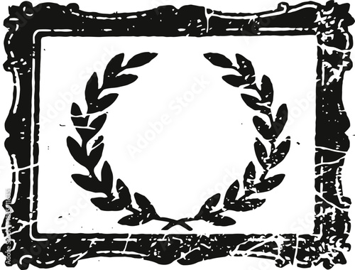 Vintage laurel wreath emblem with distressed textured border on white background