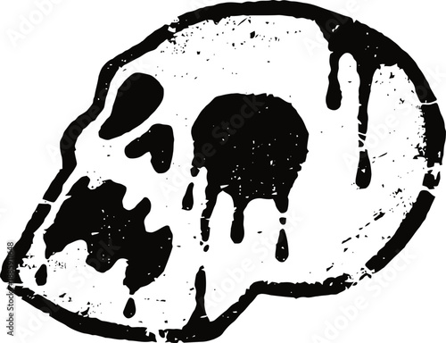 Grunge skull design with paint drips and rough texture in black and white