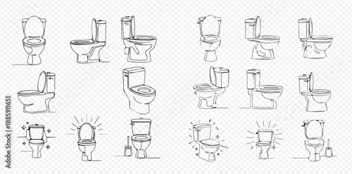 Continuous line drawing of various toilet bowls, hand-drawn vector illustrations for bathroom and hygiene concepts.