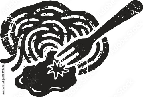 fork piercing fried egg with bacon strips, breakfast food, rustic meal illustration