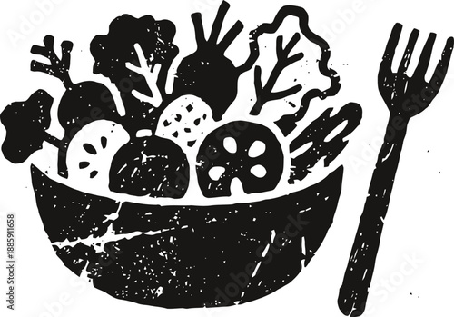Rustic black and white illustration of a vegetable salad bowl with a fork