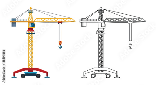 Two tower cranes presented in color and grayscale line art styles
