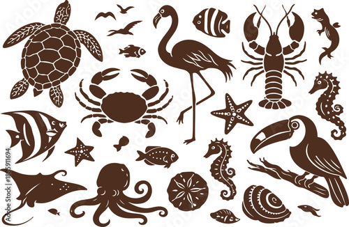 Vector art of collection of various sea creatures and animals in brown silhouette