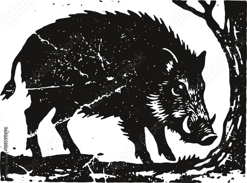 Wild boar illustration in black and white, forest animal with tusks and bristles