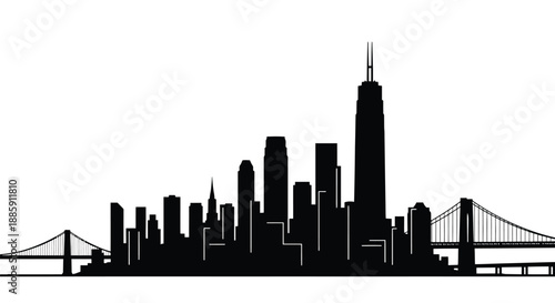 Dramatic black silhouette of a city skyline featuring a bridge and skyscrapers