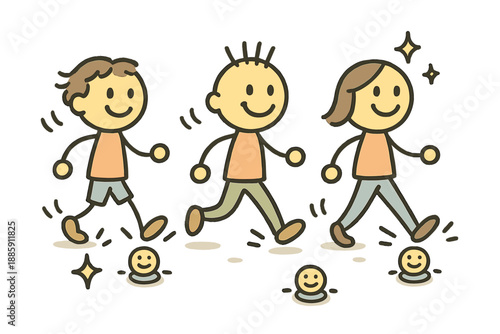 Happy Gait Analysis. Cheerful doodle gait analysis illustration with smiling walking characters, cartoon motion lines bouncing,
