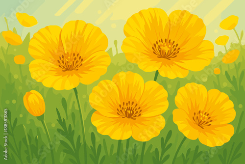 Vibrant Yellow Poppies. Close-up of vibrant yellow poppies blooming vector illustration in a sunlit meadow, sharp and cheerful