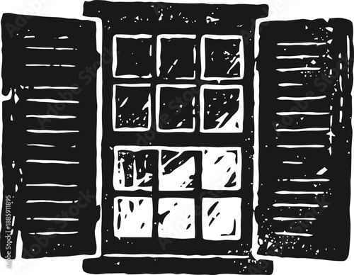 Classic wooden window with open shutters, vintage architectural design illustration