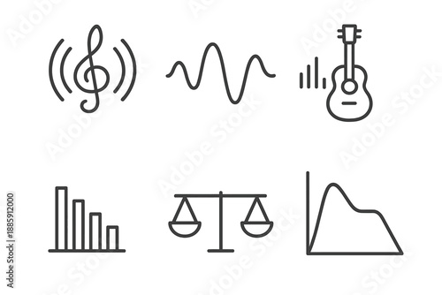 Musical Harmonic Icons. Line style icons of Harmonic Content in Music: chord resonance icon, timbre shape waveform, instrument
