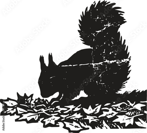 squirrel silhouette gathering leaves with textured rustic effect on white background
