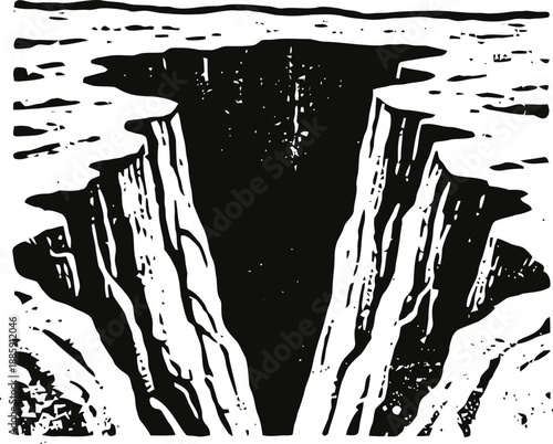 Deep canyon with steep cliffs and rugged rock formations in black and white illustration