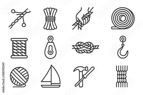 Sailor Tools Icons. Line style icons of Sailor Tools: Twisting Fibers, Hemp, Sailor's Craft, Coil; Rope Spool, Pulley, Knot,
