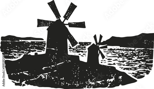 Two traditional windmills on rocky coastline with sea and hills in the background, vintage silhouette