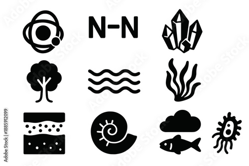 Nutrient Cycle Icons. Solid style icons of carbon, nitrogen, and phosphorus cycles: carbon atom, nitrogen molecule, phosphorus