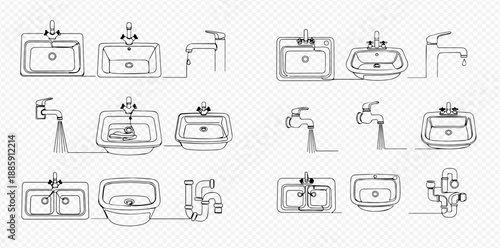 Set of black and white line art drawings of various sinks, faucets, and plumbing pipes for bathroom and kitchen design.