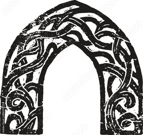 Vintage ornate arch design with floral and vine pattern in black and white engraving