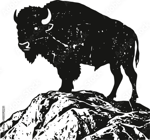 bison standing on rocky cliff, wilderness landscape, wild animal in natural habitat