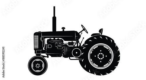 A simple black and white illustration of a vintage farm tractor design