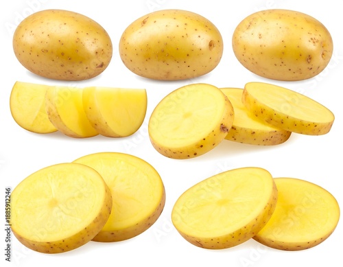 Raw potatoes, whole and sliced, are arranged, revealing the light, starchy interior against a plain white backdrop
